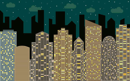 Night urban landscape. Street view with cityscape, skyscrapers and modern buildings at sunny day. City space in flat style background concept.のイラスト素材