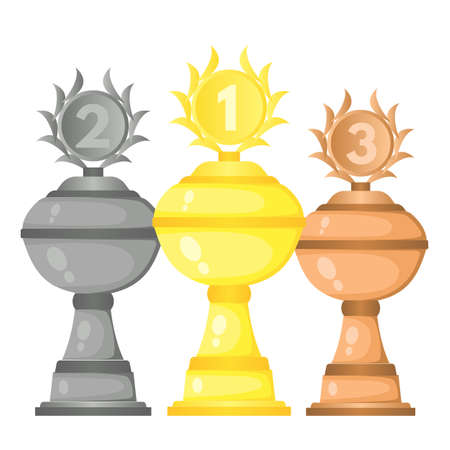 Set of vector trophy champion cups in gold, silver and bronze. Championship prizes for first, second and third place. Victory symbols isolated on white background.のイラスト素材