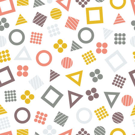 Seamless primitive geometric patterns with squares, triangles and circles for tissue and postcards.のイラスト素材