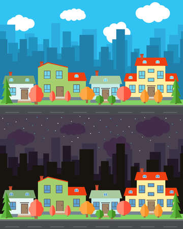 Vector city with four cartoon houses and buildings in the day and night.Summer urban landscape. Street view with cityscape on a backgroundのイラスト素材
