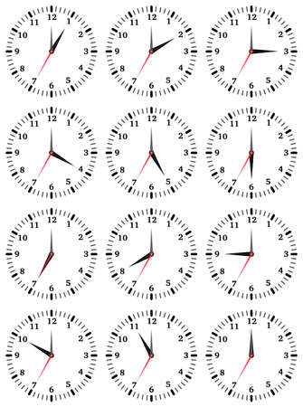 A set of mechanical clocks with an image of each of the twelve hours. Clock face on white background.のイラスト素材