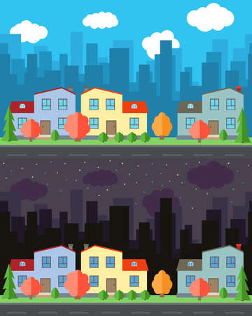 Vector city with three cartoon houses and buildings in the day and night.Summer urban landscape. Street view with cityscape on a backgroundのイラスト素材