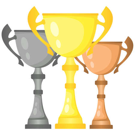 Set of vector trophy champion cups in gold, silver and bronze. Championship prizes for first, second and third place. Victory symbols isolated on white background.のイラスト素材