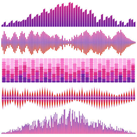 Vector set of red sound waves. Audio equalizer. Sound & audio waves isolated on white background.のイラスト素材