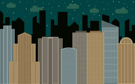 Night urban landscape. Street view with cityscape, skyscrapers and modern buildings at sunny day. City space in flat style background concept.のイラスト素材