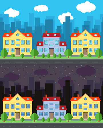 Vector city with three two-story cartoon houses in the day and night. Summer urban landscape. Street view with cityscape on a backgroundのイラスト素材