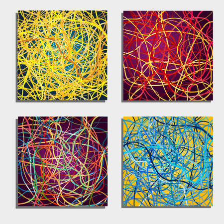 Set of four beautiful abstract backgrounds with moving colorful lines. Bright background of curves with a lot of colors. Vector illustration.のイラスト素材