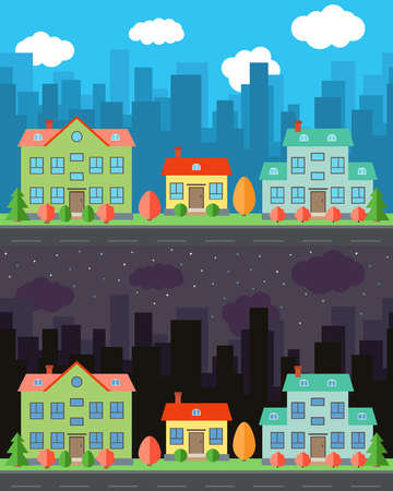 Vector city with one and two-story cartoon houses in the day and night. Summer urban landscape. Street view with cityscape on a backgroundのイラスト素材