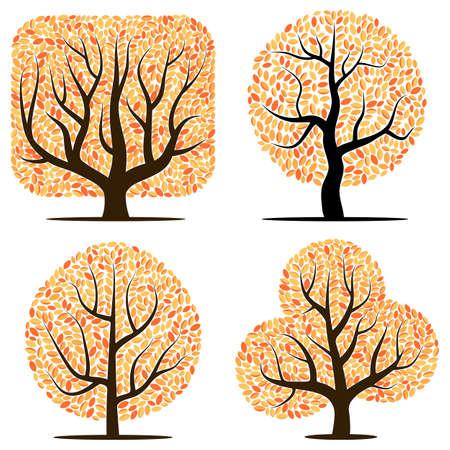 Four trees with yellow leaves isolated on white backgroundのイラスト素材