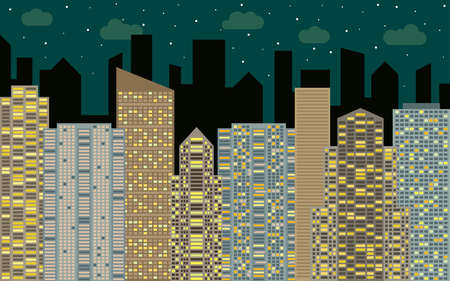 Night urban landscape. Street view with cityscape, skyscrapers and modern buildings at sunny day. City space in flat style background concept.のイラスト素材