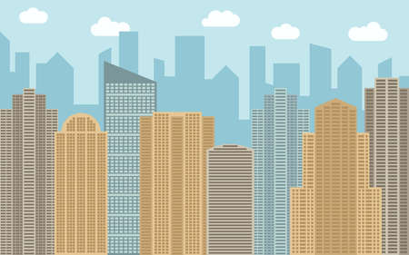 Vector urban landscape illustration. Street view with cityscape, skyscrapers and modern buildings at sunny day. City space in flat style background concept.のイラスト素材