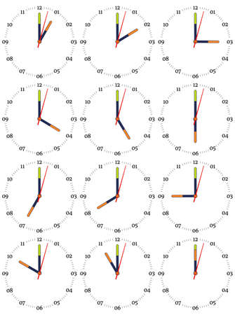 A set of mechanical clocks with an image of each of the twelve hours. Clock face on white background.のイラスト素材