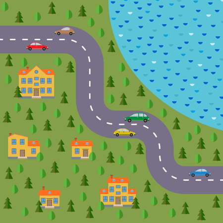Plan of village. Landscape with the road, forest, lake, cars and houses. Vector illustrationのイラスト素材