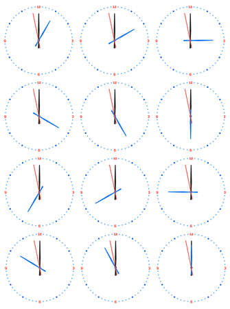A set of mechanical clocks with an image of each of the twelve hours. Clock face on white background.のイラスト素材