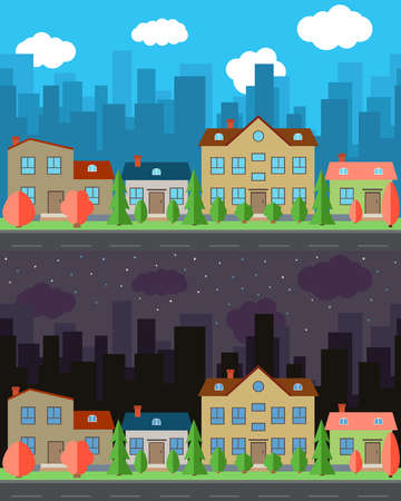Vector city with four and two-story cartoon houses in the day and night. Summer urban landscape. Street view with cityscape on a backgroundのイラスト素材