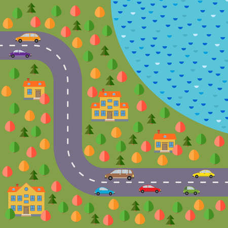 Plan of village. Landscape with the road, forest, lake, cars and houses.のイラスト素材