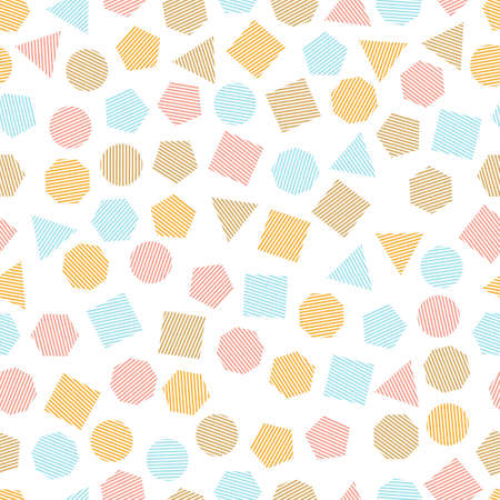 Seamless geometric pattern with multicolored squares, triangles, circles, pentagons, hexagons and heptagons for tissue and postcards. Trendy geometric elements. Hipsters modern color background. Vector illustrationのイラスト素材