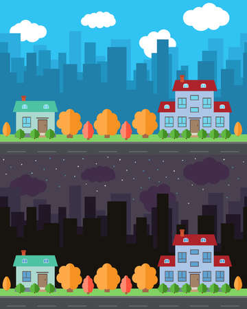 Vector city with two cartoon houses in the day and night. Summer urban landscape. Street view with cityscape on a backgroundのイラスト素材