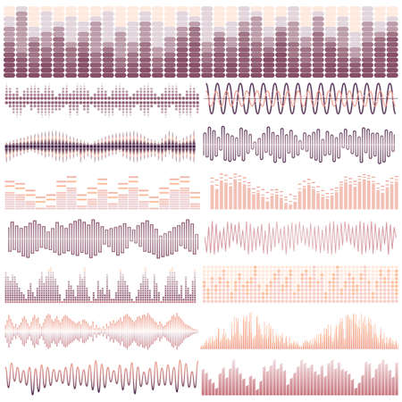 Vector set of fifteen sound waves. Audio equalizer. Sound & audio waves isolated on white background.のイラスト素材
