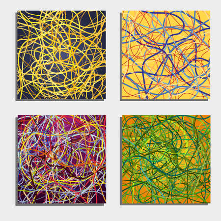 Set of four beautiful abstract backgrounds with moving colorful lines. Bright background of curves with a lot of colors. Vector illustration.のイラスト素材