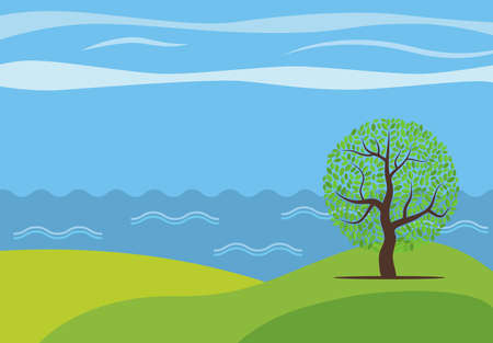 Vector panoramic cartoon landscape with the lonely tree against the see.のイラスト素材