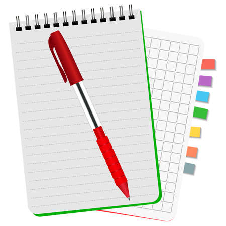 Two notebooks with colored bookmarks and red pen on a white backgroundのイラスト素材