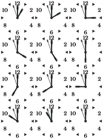 A set of mechanical clocks with an image of each of the twelve hours. Clock face on white background.のイラスト素材