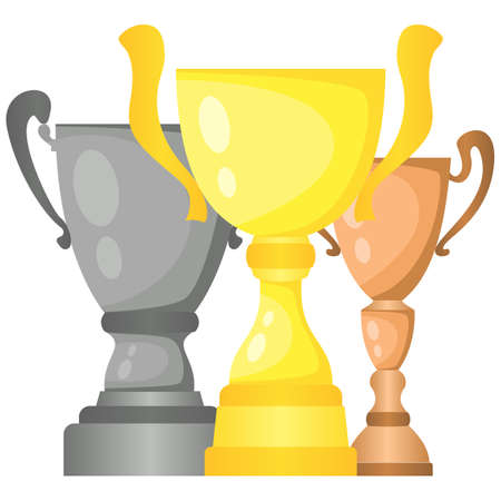 Set of vector trophy champion cups in gold, silver and bronze. Championship prizes for first, second and third place. Victory symbols isolated on white background.のイラスト素材