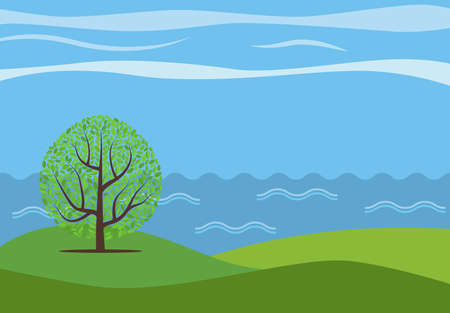 Vector panoramic cartoon landscape with the lonely tree against the see.のイラスト素材
