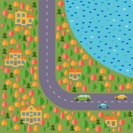 Plan of village. Landscape with the road, forest, lake, three cars and five houses. Vector illustrationのイラスト素材