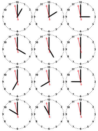 A set of mechanical clocks with an image of each of the twelve hours. Clock face on white background.のイラスト素材
