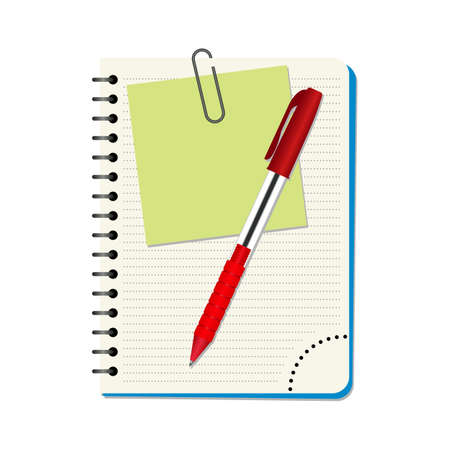 Notebook with green notice paper and red pen on a white backgroundのイラスト素材