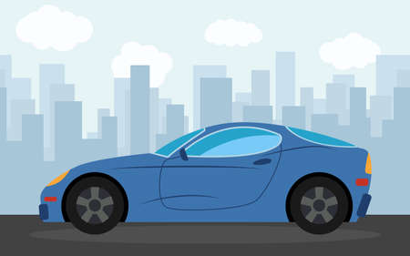 Blue sports car in the background of skyscrapers in the afternoon. Vector illustration.のイラスト素材