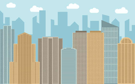 Vector urban landscape illustration. Street view with cityscape, skyscrapers and modern buildings at sunny day. City space in flat style background concept.のイラスト素材