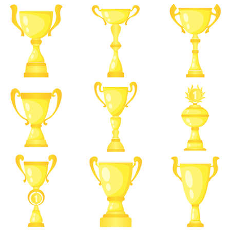 Set of nine vector trophy champion cups in gold. Championship prizes for first place. Victory symbols isolated on white background.のイラスト素材