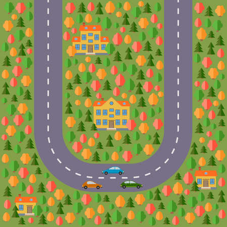 Plan of village. Landscape with the road, forest, cars and houses. Vector illustrationのイラスト素材