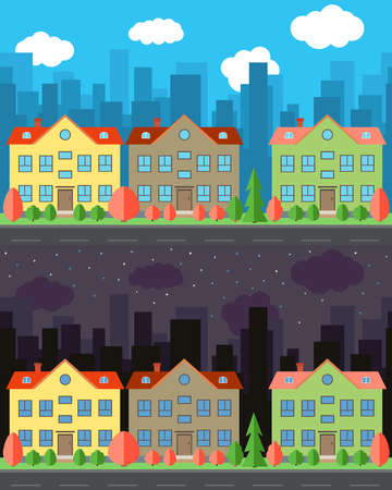 A Vector city with two-story cartoon houses in the day and night. Summer urban landscape. Street view with cityscape on a backgroundのイラスト素材