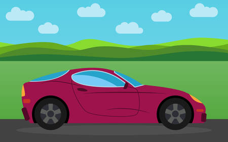 Dark pink sports car with nature landscape in the daytime Vector illustration.のイラスト素材