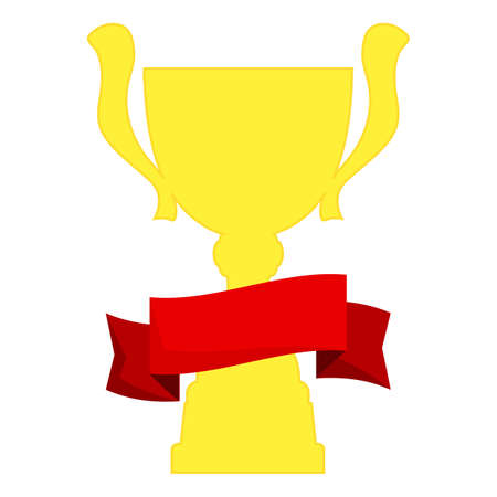 Champion cup in gold with red ribbon and incription winner. Championship prizes for first place. Victory symbols isolated on white background.のイラスト素材