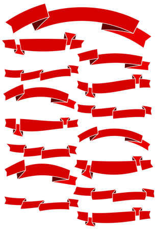 Set of fifteen red cartoon ribbons for web design. Great design element isolated on white background. Vector illustration.のイラスト素材