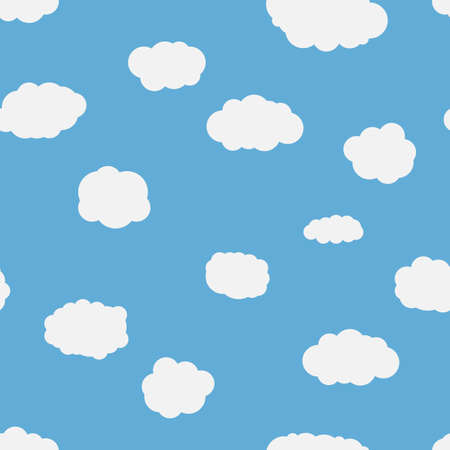 Seamless background with blue sky and white cartoon clouds. Vector illustration.のイラスト素材