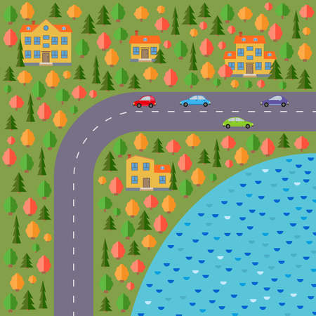 Plan of village. Landscape with the road, forest, lake, cars and houses.  Vector illustrationのイラスト素材