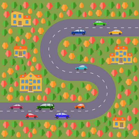 Plan of village. Landscape with the road, forest, cars and houses.  Vector illustrationのイラスト素材