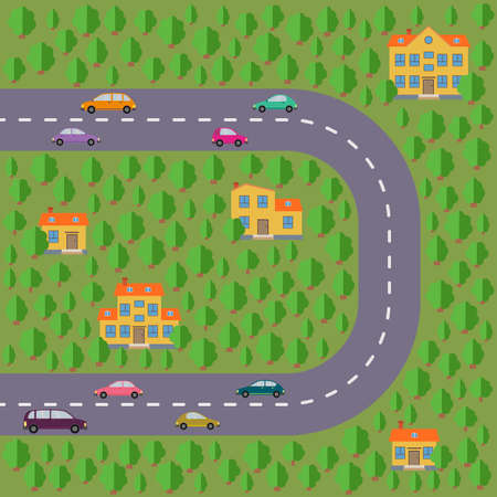 Plan of village. Landscape with the road, green forest, cars and houses. Vector illustrationのイラスト素材