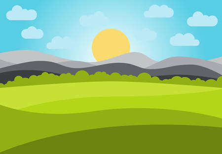 Vector landscape with field and mountains. Early morning with the rising of the sun on the horizon. Vector illustration.のイラスト素材
