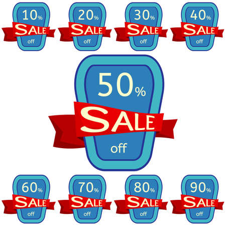 Set of discount stickers. Blue badges with red ribbon for sale 10 - 90 percent off. Vector illustration.のイラスト素材