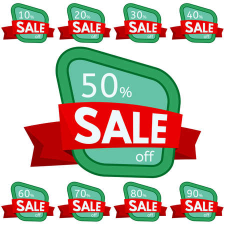 Set of discount stickers.Green badges with red ribbon for sale 10 - 90 percent off. Vector illustration.のイラスト素材