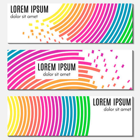 Set of colorful abstract header banners with curved lines, flying pieces and place for text. Vector backgrounds for web design.のイラスト素材