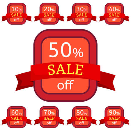 Set of discount stickers. Red badges with red ribbon for sale 10 - 90 percent off.のイラスト素材