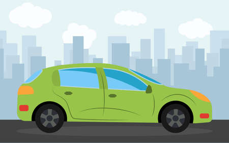 Green sports car in the background of skyscrapers in the afternoon. Vector illustration.のイラスト素材